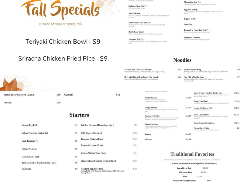 Empress of China Menu