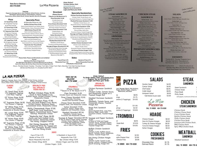 La Mia Pizzeria ( Chadds Ford Pa.) Menu