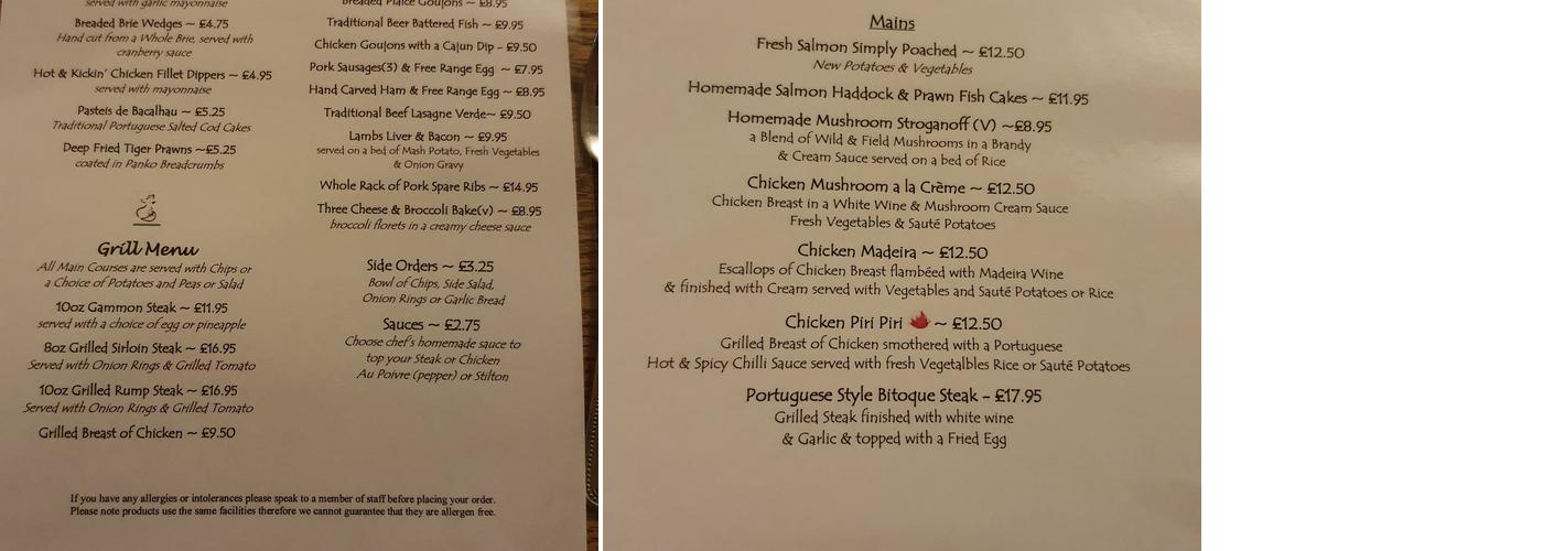 The Fox & Hen Menu