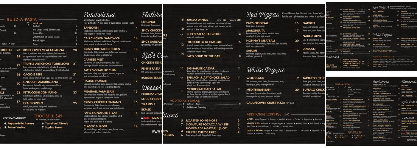 Pat's Pizza & Bistro Salem Menu