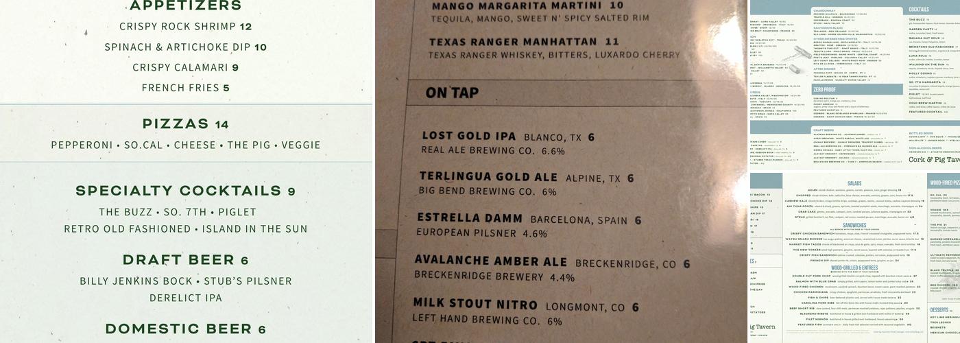 Cork & Pig Tavern Menu