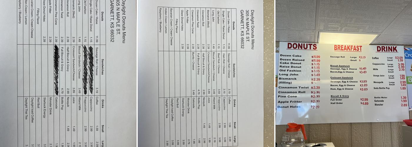 Daylight Donuts Menu