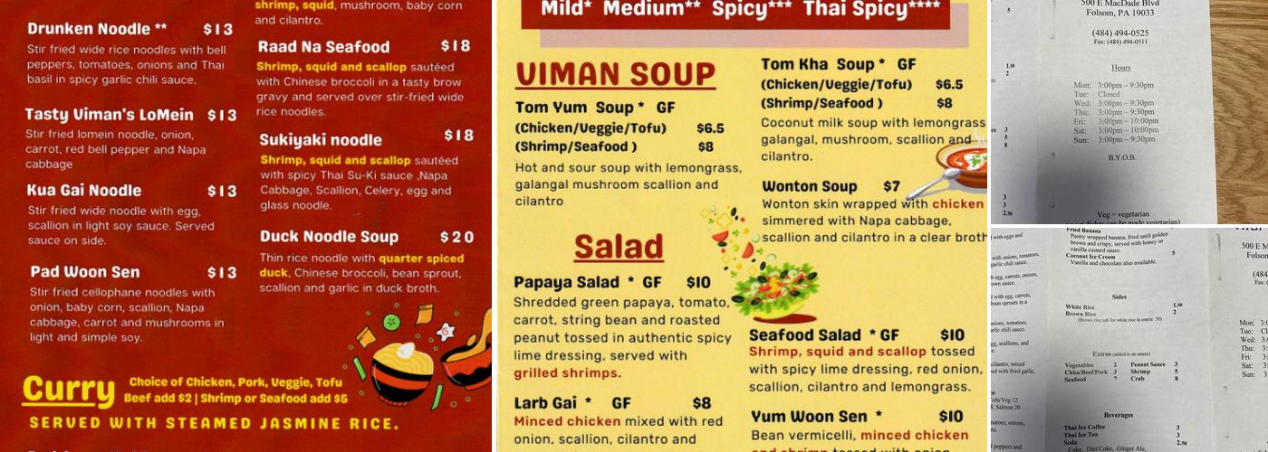 Viman Thai Cuisine Menu