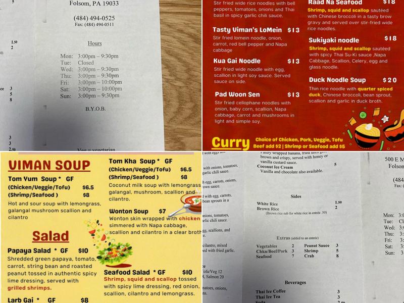 Viman Thai Cuisine Menu