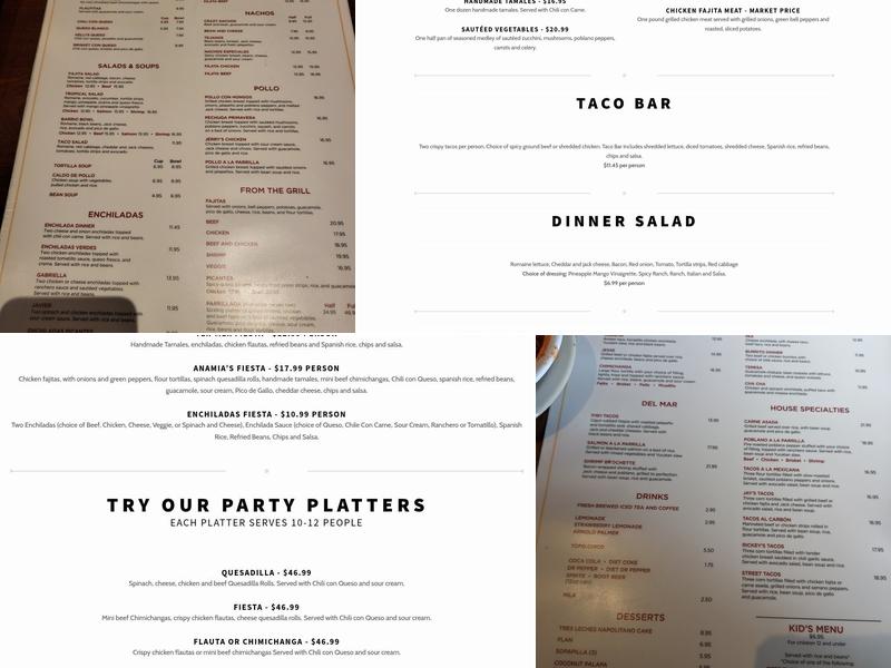 Anamia's Tex Mex Menu