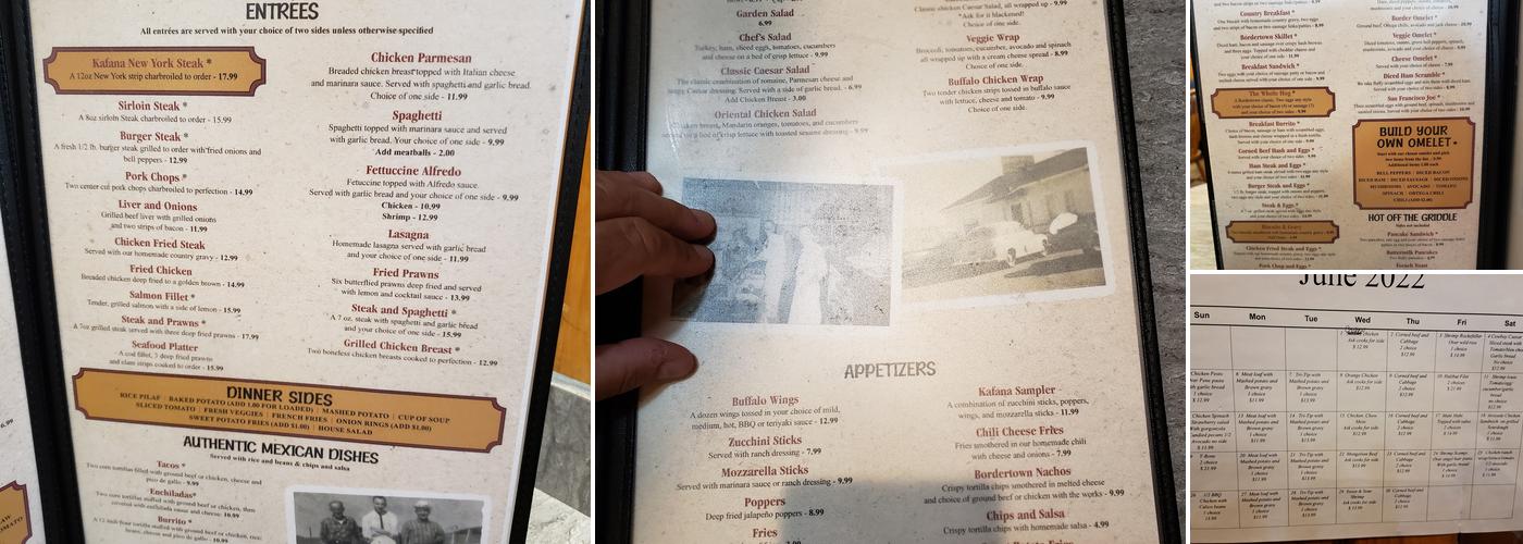 The Kafana at Bordertown Menu