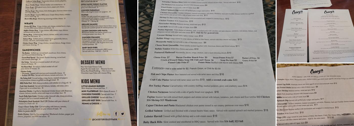 Casey's Ridley Park Menu