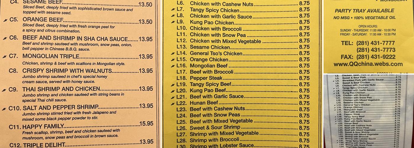QQ China Cafe Menu