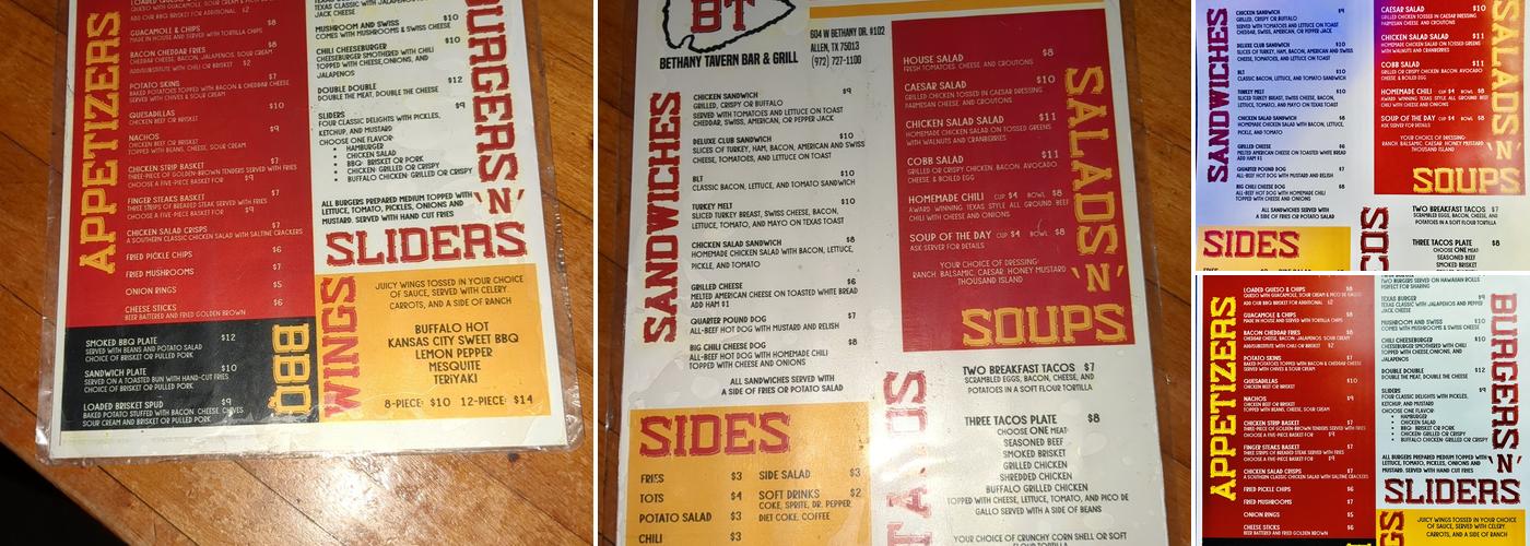 The Bethany Tavern Menu