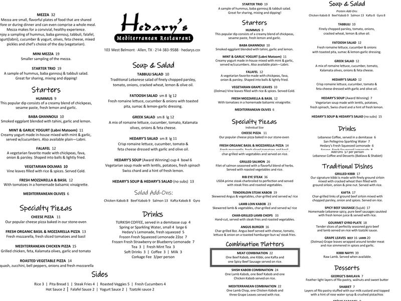 Hedary's Mediterranean Restaurant Menu