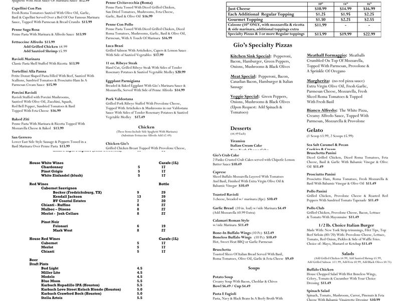 Gio's Flying Pizza & Pasta Menu