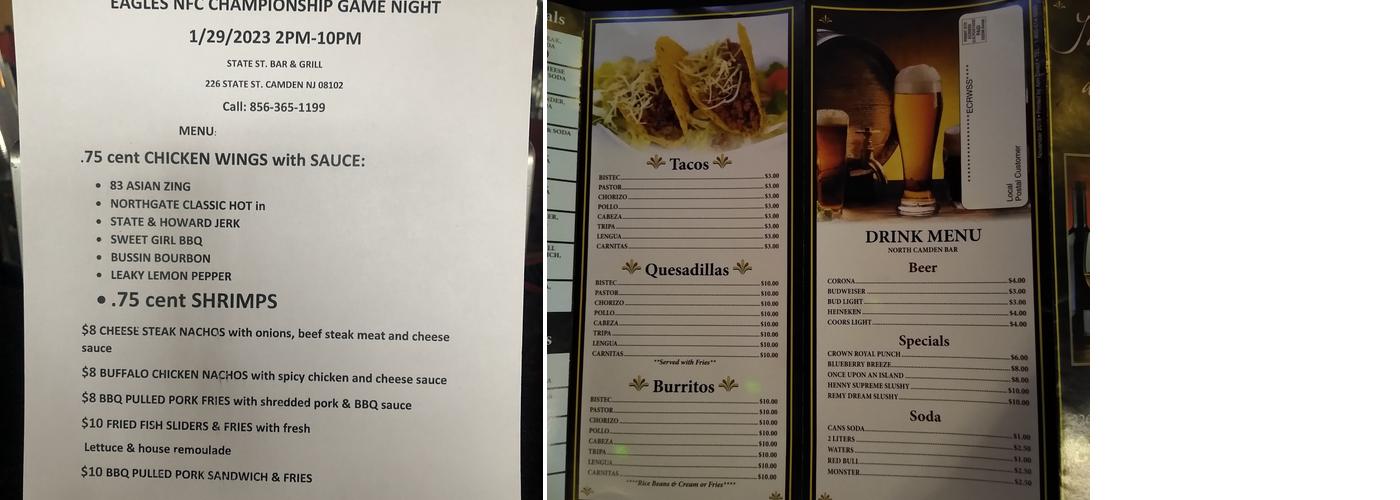 State Bar and Pizza Restaurant Menu