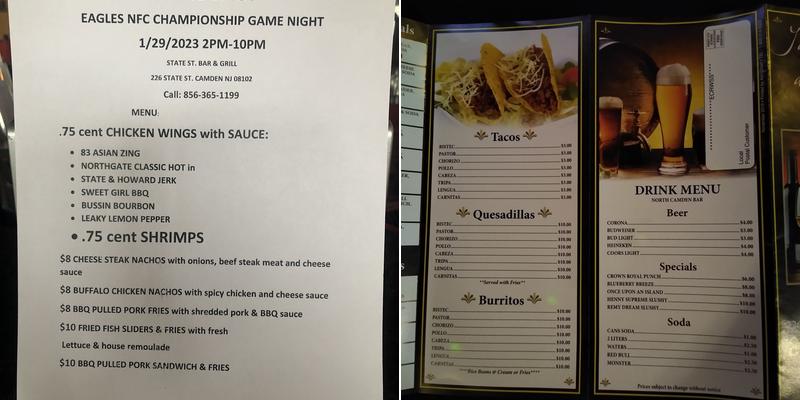 State Bar and Pizza Restaurant Menu