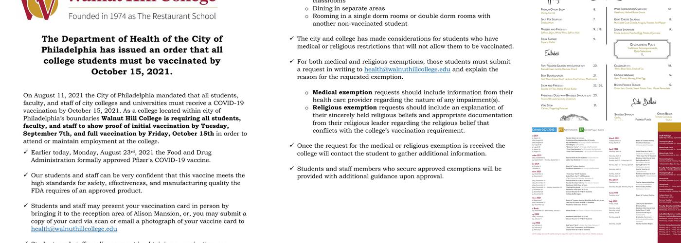 Walnut Hill College Menu