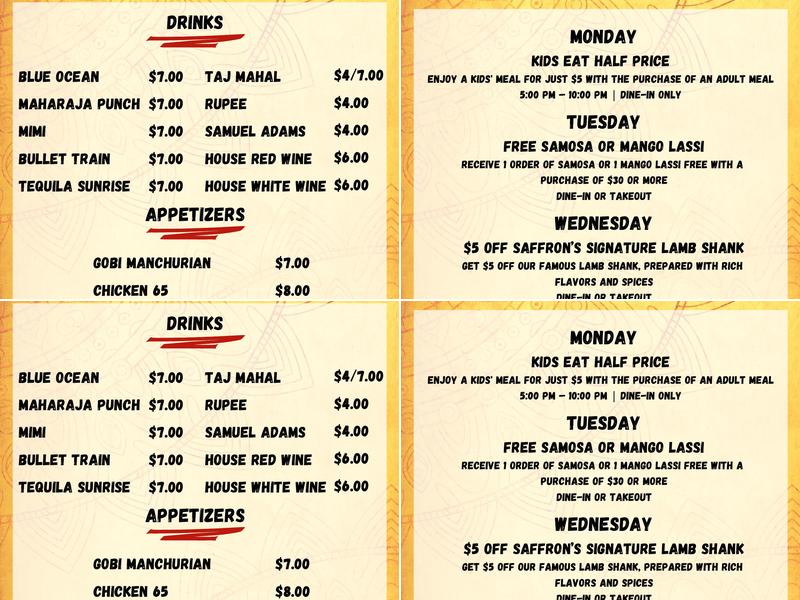 Saffron Menu