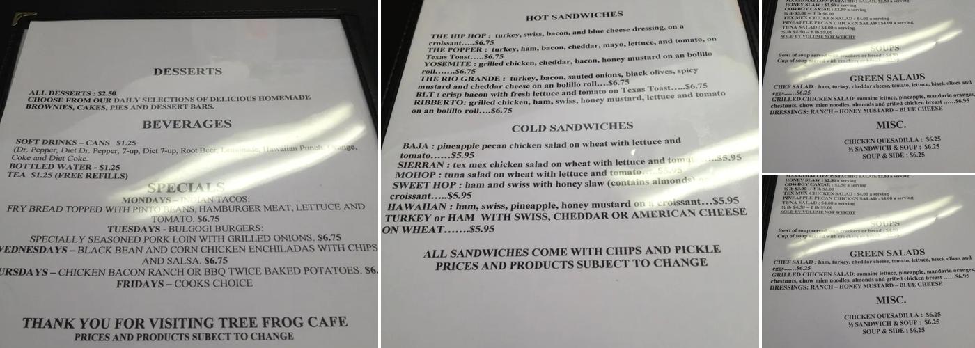 Tree Frog Cafe Menu