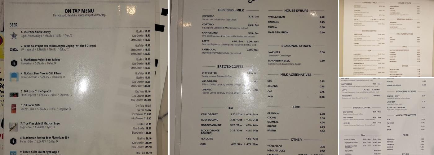 Silver Grizzly Espresso Menu