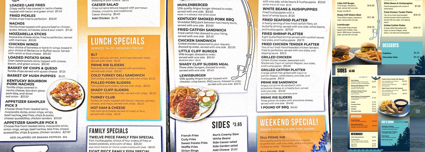 Shady Cliff Resort Menu