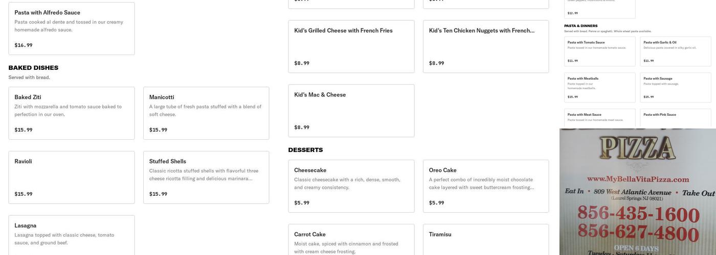 Bella Vita Pizza Menu