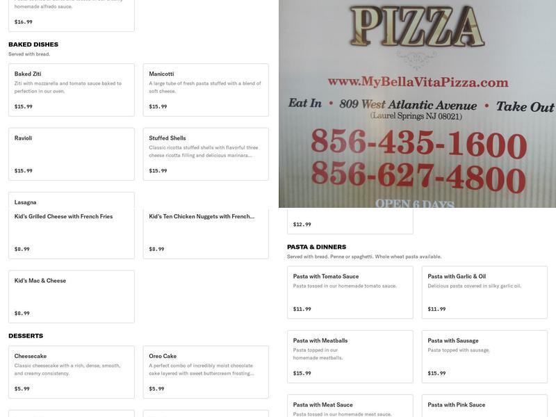 Bella Vita Pizza Menu