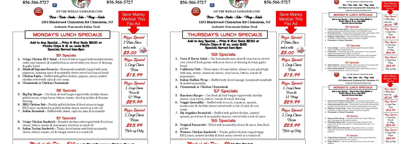 GioFano's Pizzeria Menu