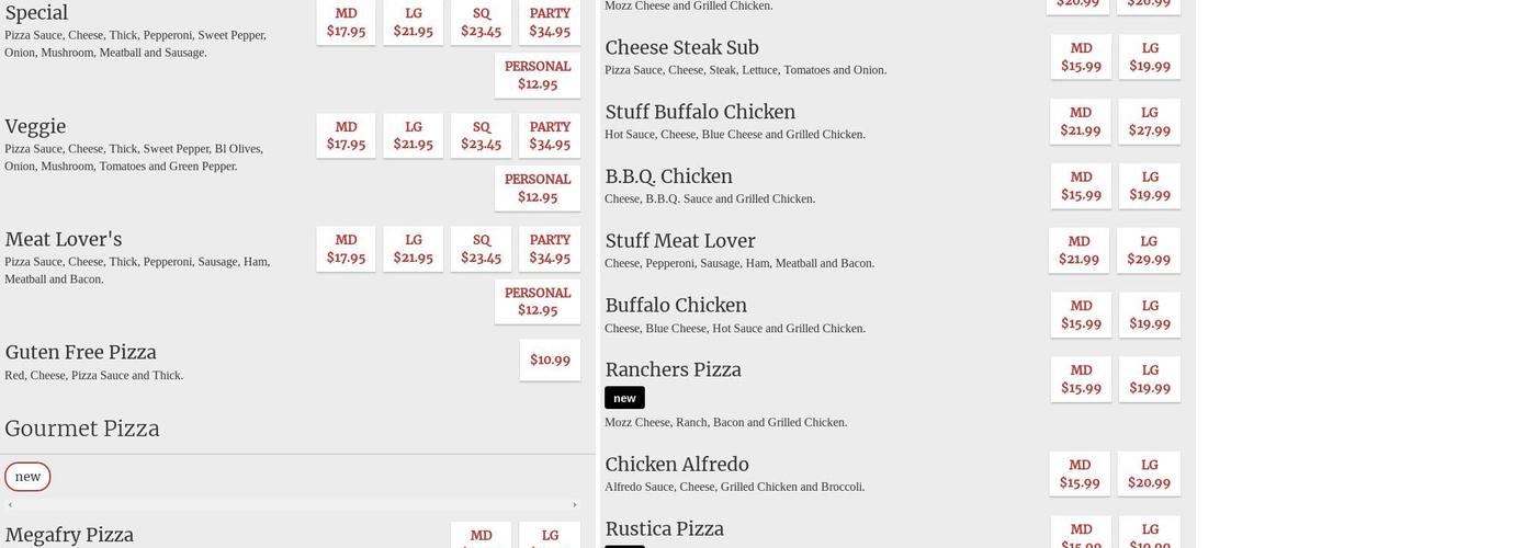 Pat's Pizza Menu