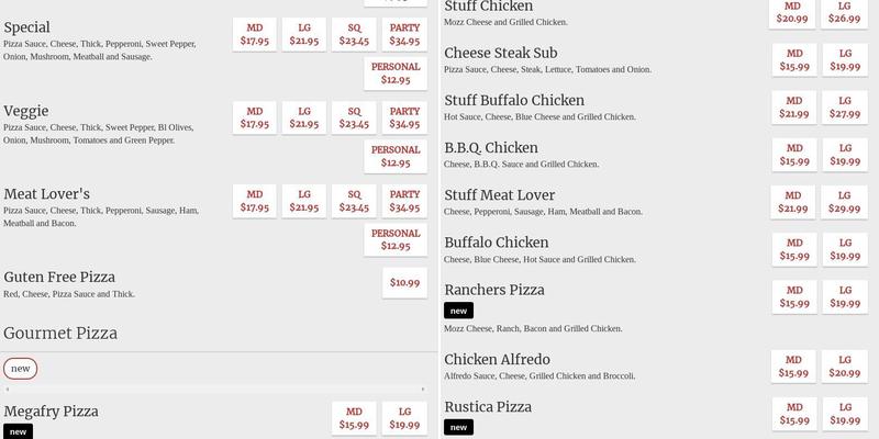 Pat's Pizza Menu