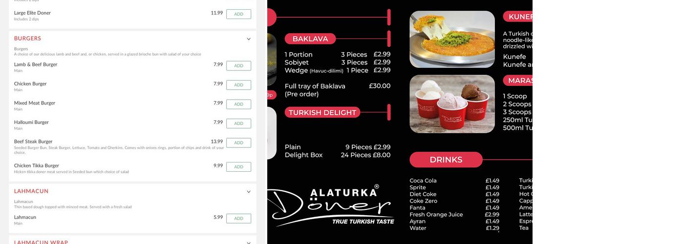Alaturka Doner Menu