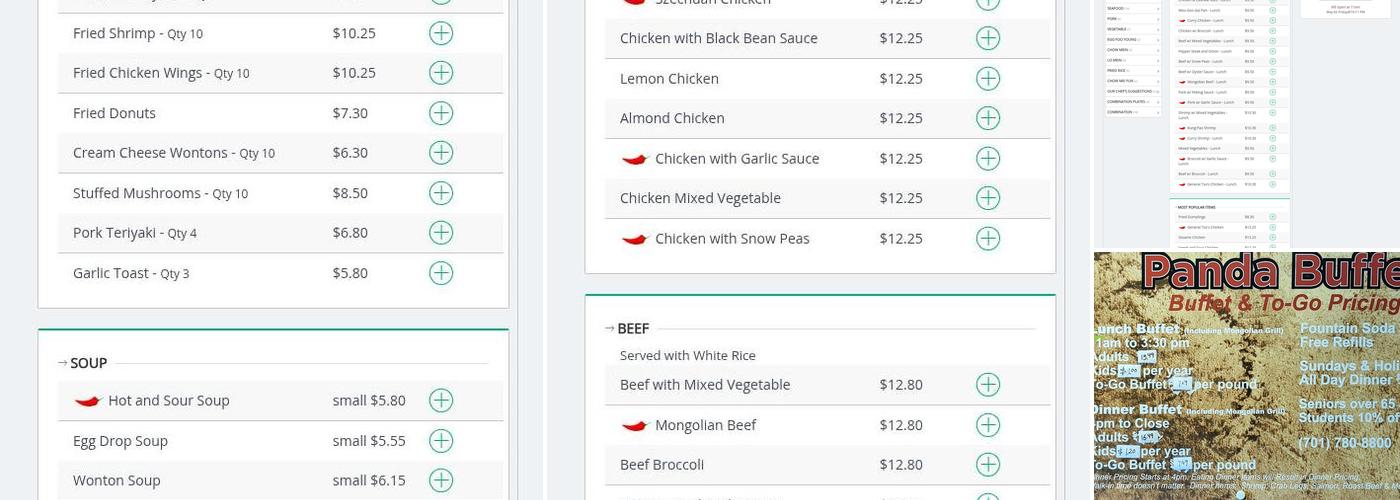 Panda Buffet Menu