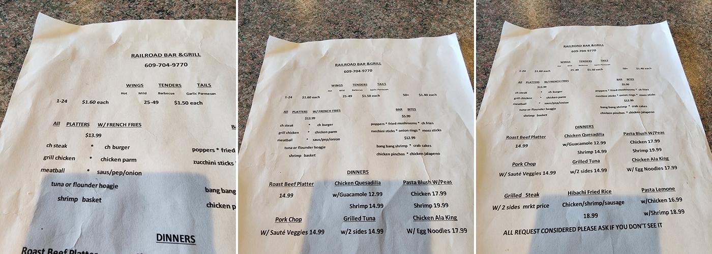 Railroad Bar and Grill Menu