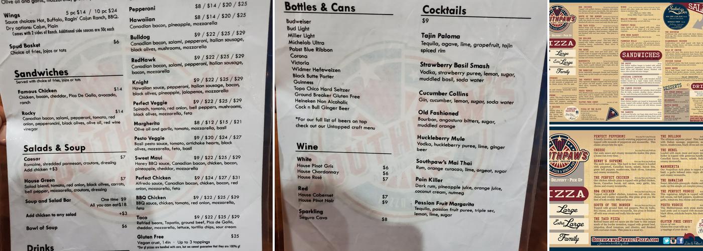 Southpaws Perfect Pizza and Sports Bar Menu