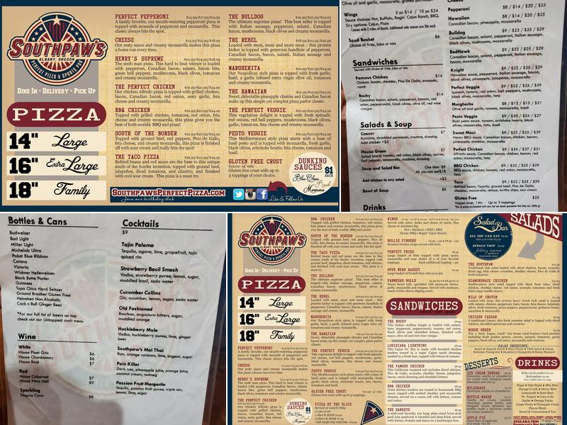 Southpaws Perfect Pizza and Sports Bar Menu