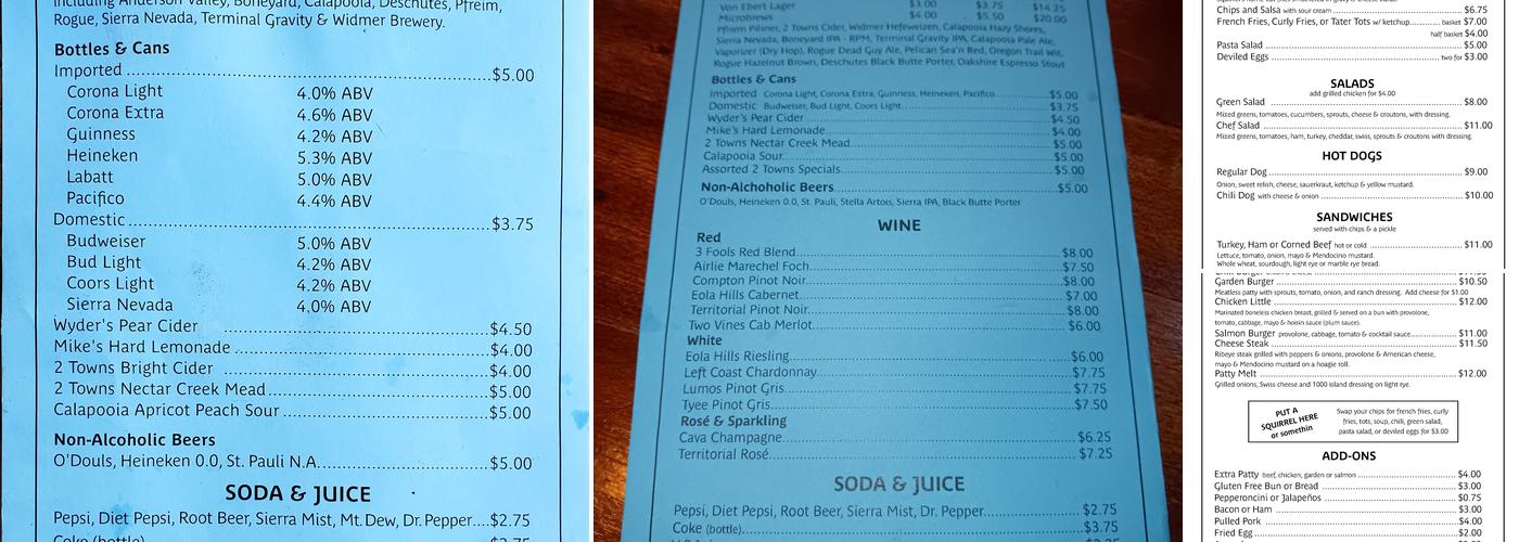 Squirrels Tavern Menu