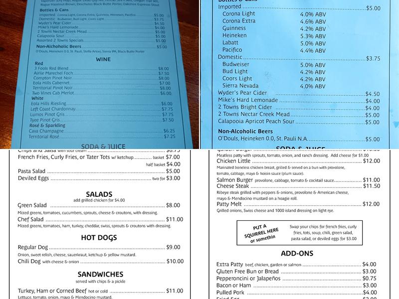 Squirrels Tavern Menu