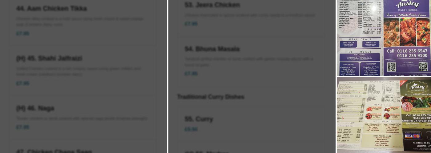 Anstey Balti House Menu