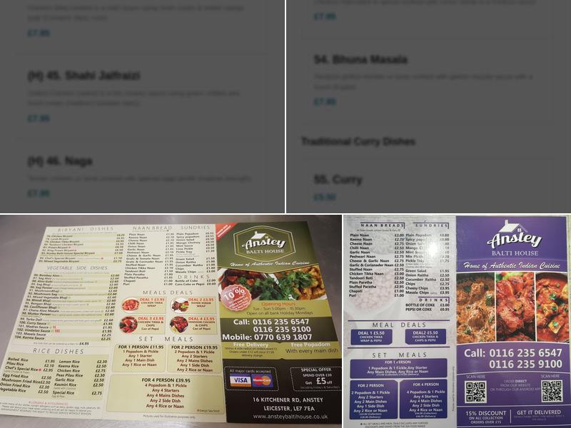 Anstey Balti House Menu