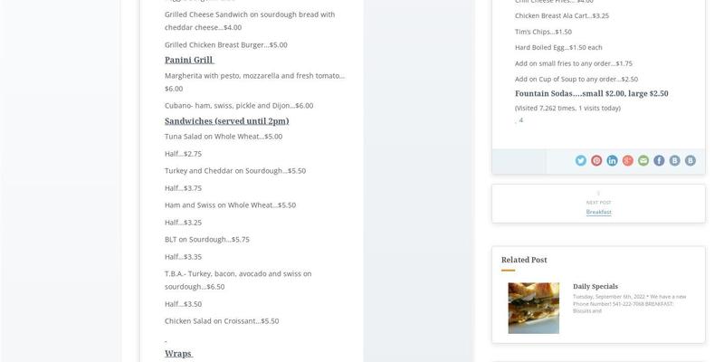 Cafe 123 Menu