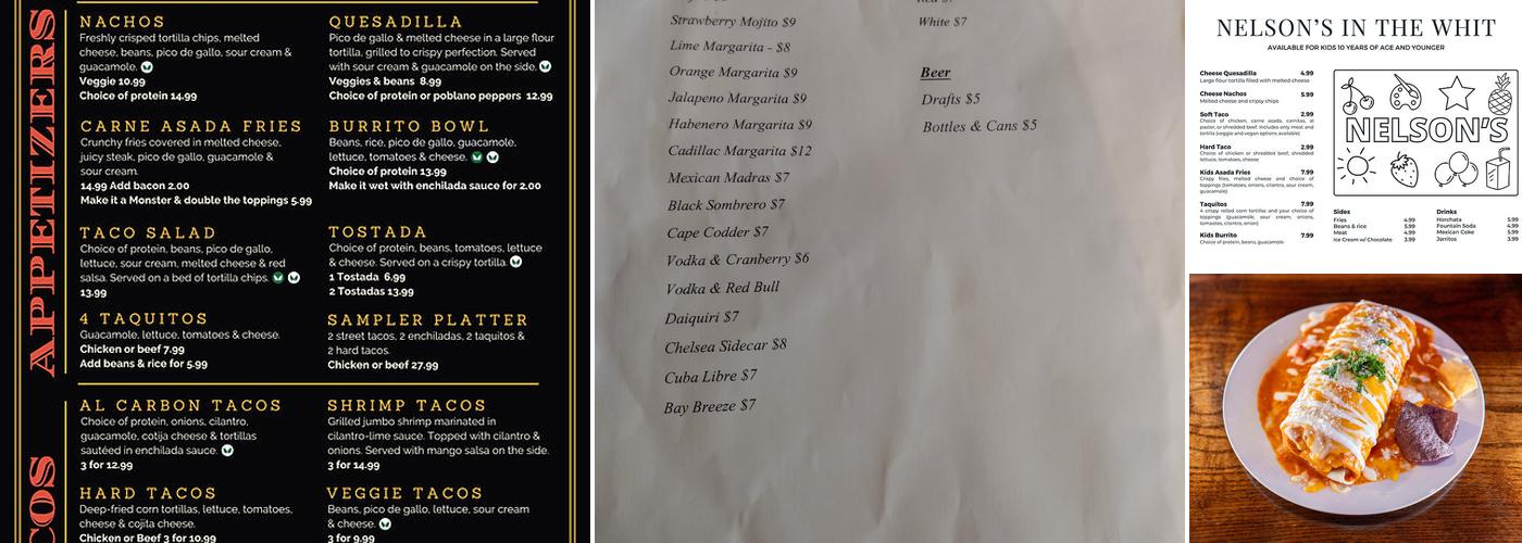 Nelson's Taqueria + Nelson’s in the Whit Menu