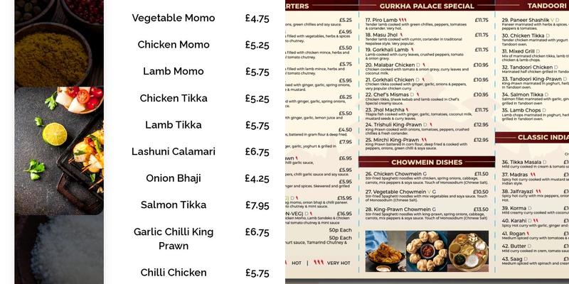 The Gurkha Palace & The Chequers Inn Menu