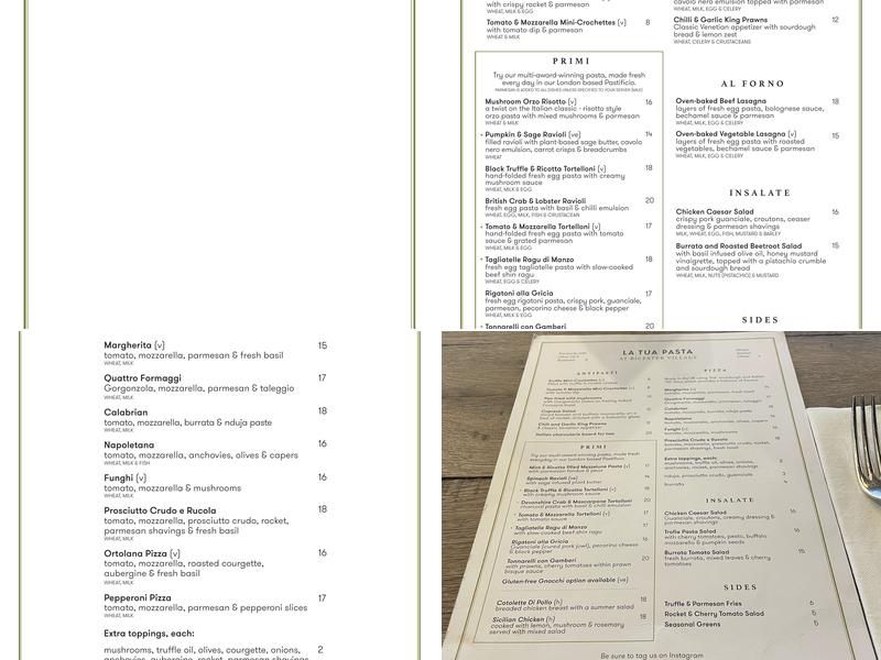 La Tua Pasta - Bicester Village Menu