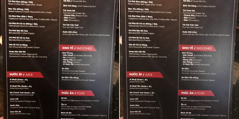 Memory Cafe Menu