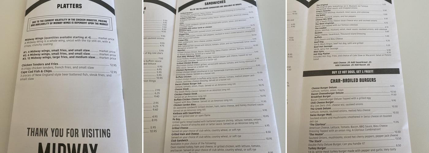 Midway Grille Inc Menu