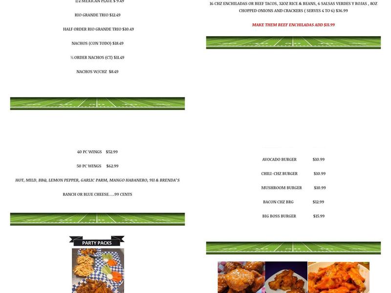 S B Wings Menu