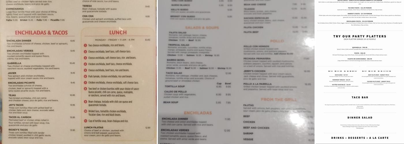 Anamia's Tex Mex Menu