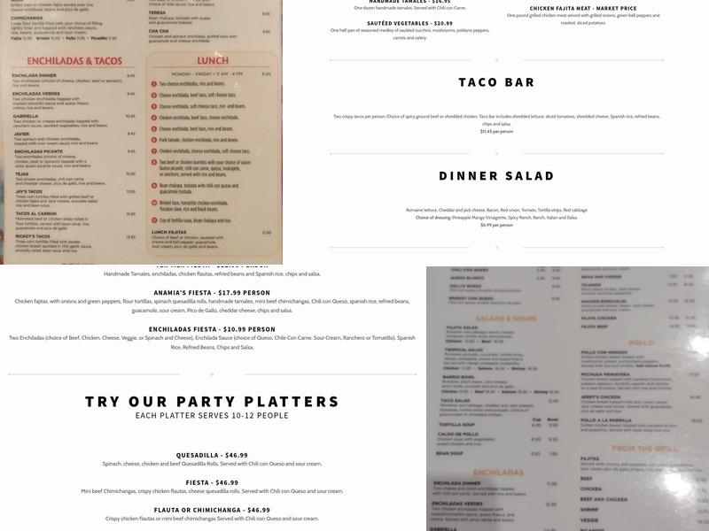 Anamia's Tex Mex Menu