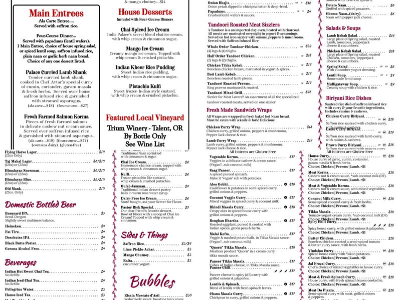 India Palace Restaurant Menu