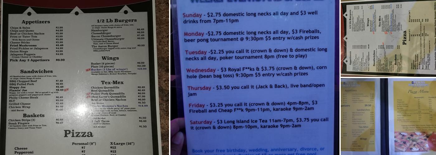 Texas Billiards Menu