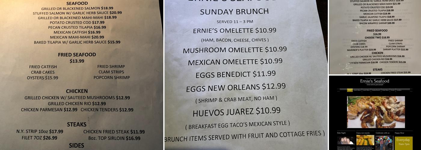 Ernie's Seafood Restaurant Menu