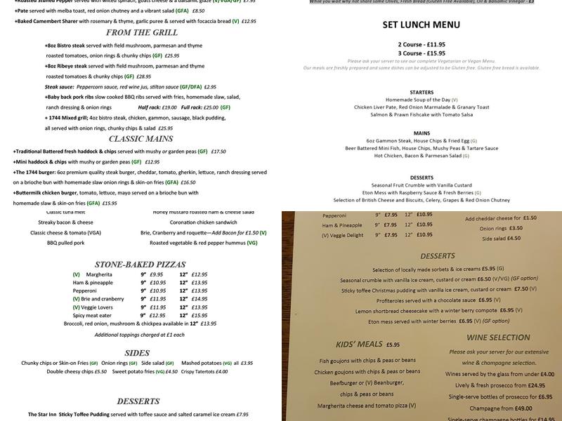 The Star Inn 1744 Menu