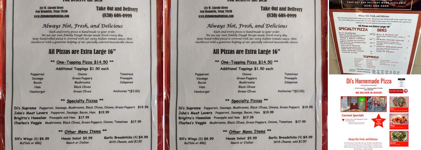 Di's Homemade Pizza Menu